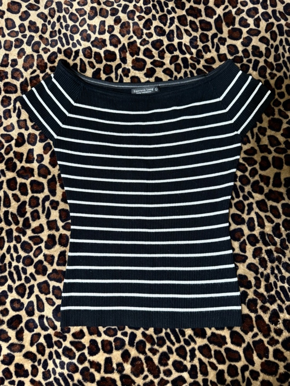 Off Shoulder Black White Striped Ribbed Top L